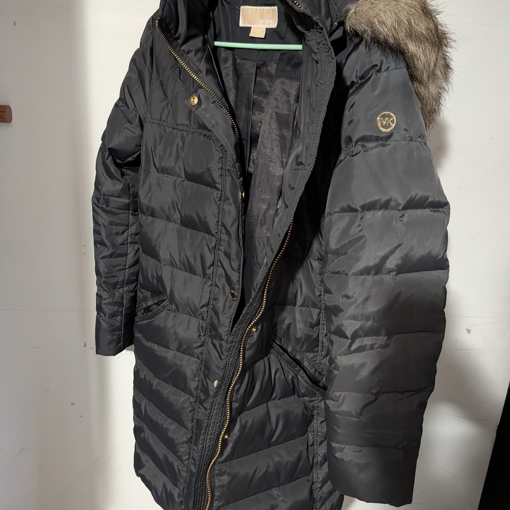 Michael Kors Charcoal Puffer Coat with Faux Fur Hood